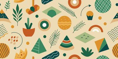 Geometric shapes and leaves on a beige background seamless pattern vector