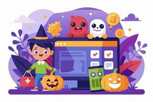 A boy in a witch hat by a computer with pumpkins and ghosts vector