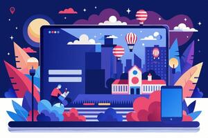 Laptop computer displaying cityscape and hot air balloons vector