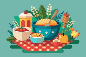 There are various kinds of food spread out on the table vector