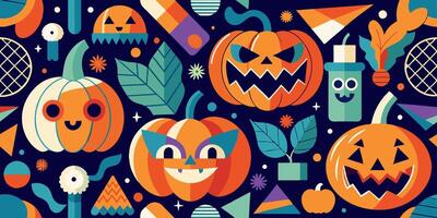 Seamless pattern of pumpkins, leaves, candy, and halloween objects vector
