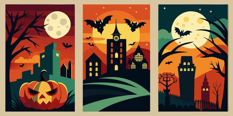 Three halloween posters with pumpkins, bats, castles, and trees