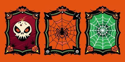 Three frames exhibiting a skull, spider web, and spider designs vector