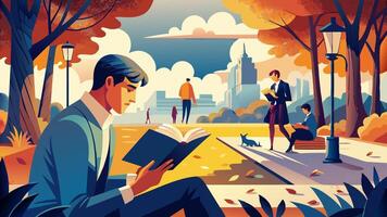 A man reading in a park, surrounded by leisure, community, and nature vector