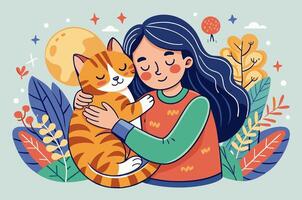 A woman is holding a cat in her arms while smiling and looking happy vector