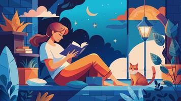 A woman sits on a window sill with a book, beside a cat vector