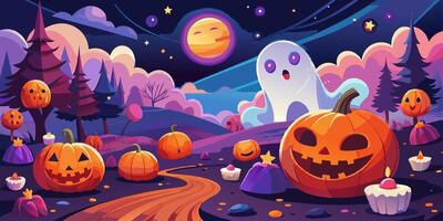 Cartoon halloween scene with pumpkins and a ghost vector