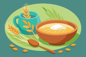 On the table, you can see a bowl of soup and a cup of cereal vector