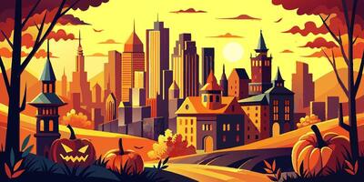 In the foreground, pumpkins stand out with the city skyline in the background vector