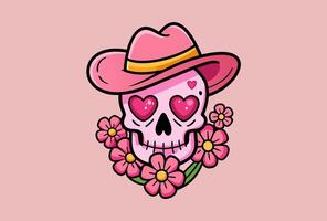 A pink skull wears a pink hat and flowers with a joyful expression vector