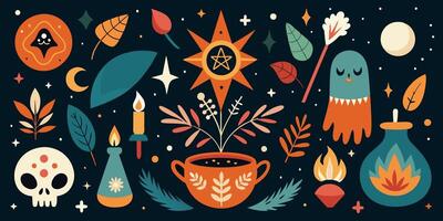 A collection of witchcraft symbols displayed against a dark backdrop vector