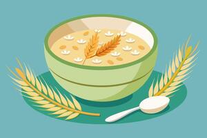 A bowl of cereal with wheat ears and a spoon on the table vector