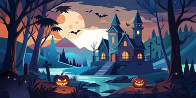 A haunted house in a forest with pumpkins and bats vector