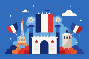 A castle with a flag on top surrounded by flags and fireworks vector