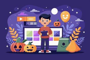 A boy is standing in front of a laptop surrounded by pumpkins and balloons vector