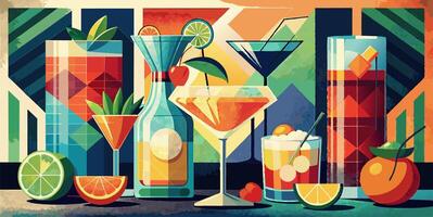 A colorful painting of various cocktails and fruits in liquid form vector