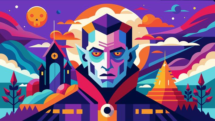Colorful vampire illustration with castle backdrop