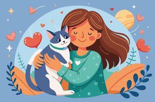A woman is smiling as she holds a cat in her arms, showing a happy expression vector