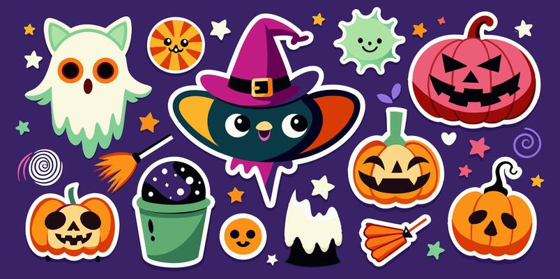 A variety of Halloweenthemed stickers displayed against a purple backdrop