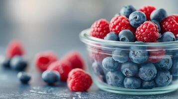 Fresh Raspberries And Blueberries In A Glass Bowl On A Gray Surface photo