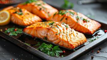 Grilled Salmon Fillets With Herbs in Pan photo