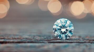 Sparkling Blue Gemstone on Reflective Surface With Bokeh Background photo