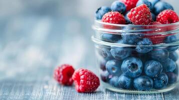 Fresh Raspberries And Blueberries In A Glass Bowl On A Gray Surface photo