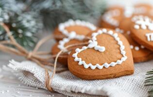 Decorated Gingerbread Hearts on a Rustic Cloth Amidst Holiday Decor photo