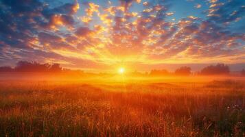 Sun Setting Over Field of Tall Grass photo