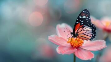 Monarch Butterfly Perched on Pink Flower in Soft Spring Light photo