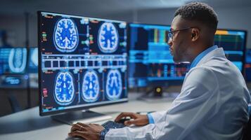 Scientist in Lab Coat Analyzing Data on Computer Screen photo