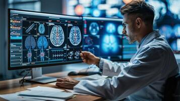 Scientist in Lab Coat Analyzing Data on Computer Screen photo