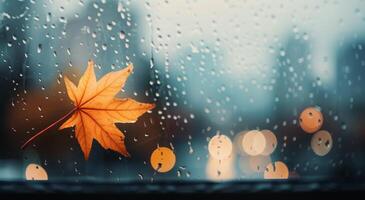 Autumn Leaf Clinging to Window on a Rainy Day in a City photo
