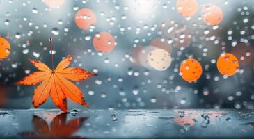 Autumn Leaf Clinging to Window on a Rainy Day in a City photo