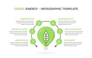 Green energy infographics - diagram with six elements with lightbulb with leaf vector