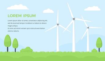 Landscape with wind turbines, trees and grass on the blue sky background vector