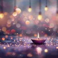 Floating Diya Amidst Glowing Lights at Night photo