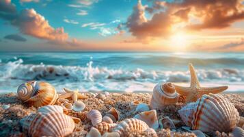 Sea Shells and Starfish on a Sandy Beach photo