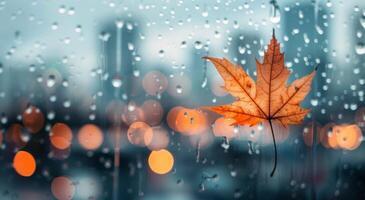 Autumn Leaf Clinging to Window on a Rainy Day in a City photo