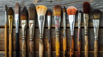 Group of Brushes on Wooden Table photo