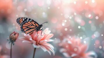 Monarch Butterfly Perched on Pink Flower in Soft Spring Light photo