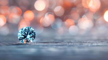 Sparkling Blue Gemstone on Reflective Surface With Bokeh Background photo