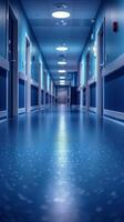 Long Hallway With Blue Walls and Floor photo