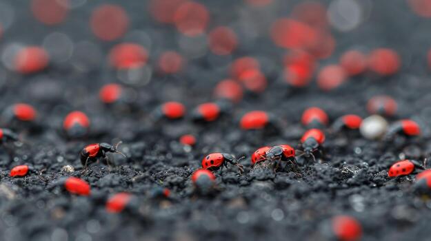 Many Ladybugs Crawling on a Surface in a Sunlit Environment photo