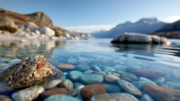Tranquil Waters Reflecting Mountains and Colorful Stones at Twilight photo