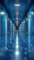 Long Hallway With Blue Walls and Floor photo