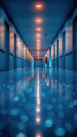 Long Hallway With Blue Walls and Floor photo
