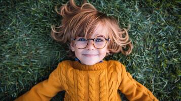 Young Girl With Glasses Relaxing on Grass photo