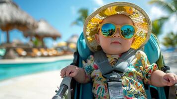 Baby Wearing Sunglasses in Stroller photo