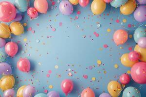 Colorful Balloons and Confetti on a Blue Background photo